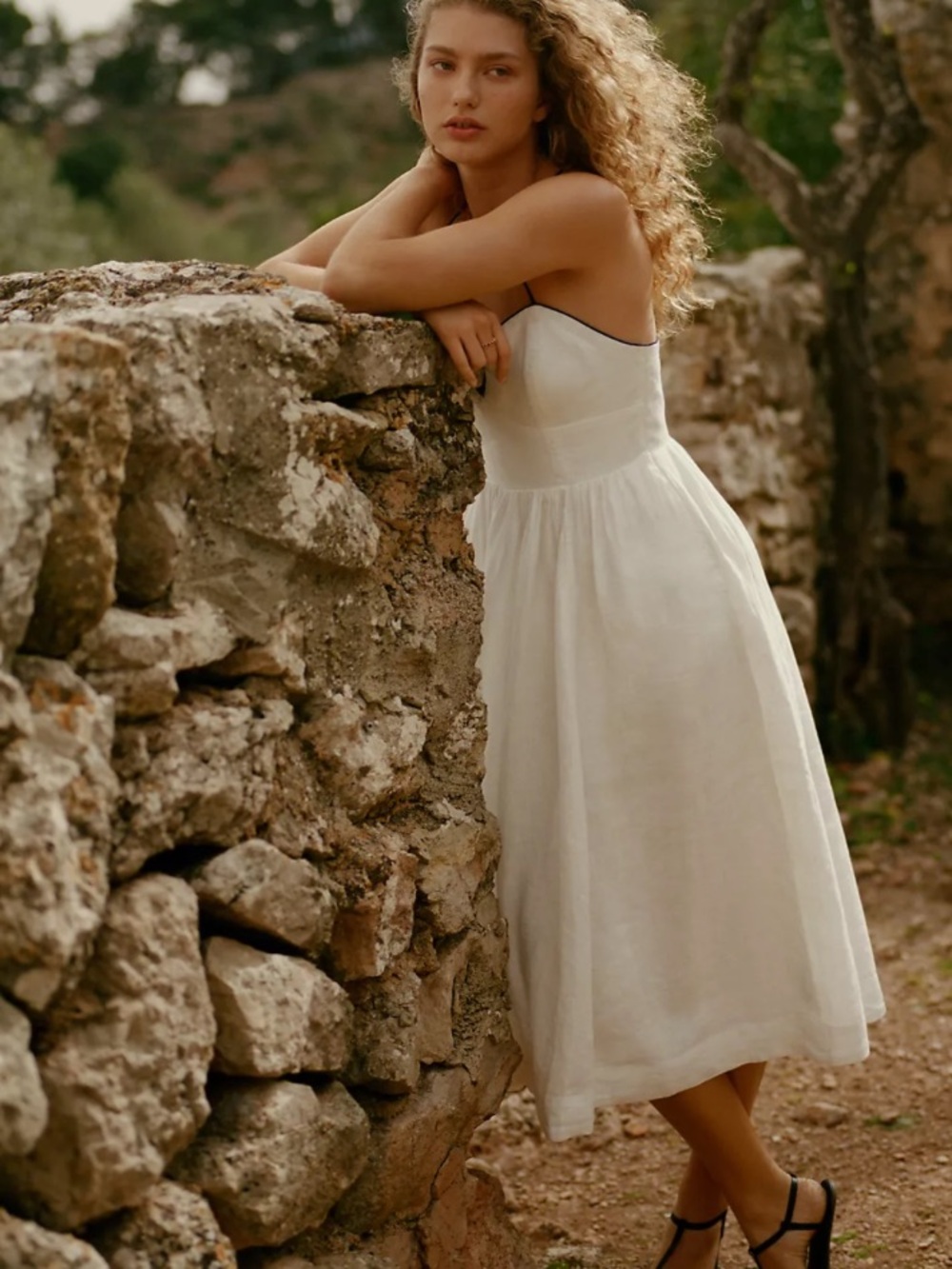 Maeve Linen Midi Dress White Navy Contrast Seamed Anthropologie Pockets Smocked - Picture 7 of 16